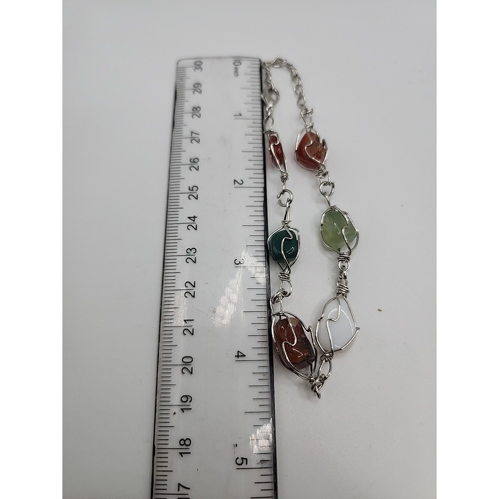 Vintage Polished Multicolor Quartz Stone Silver Tone Wire Wrap Art Boho Bracelet - Picture 6 of 10